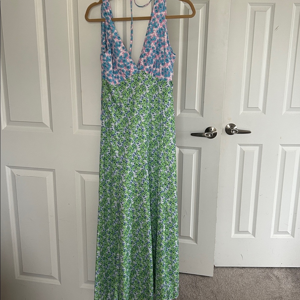 Floral Maxi Dress with Blue and Green Patterns
